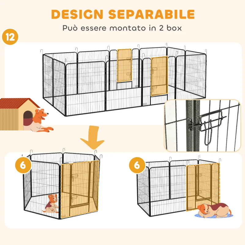 PawHut Recinto per Cani a 12 Pannelli Modulabili da 80x100 cm, Pieghevole con Porta in Acciaio e 12 Picchetti, Grigio