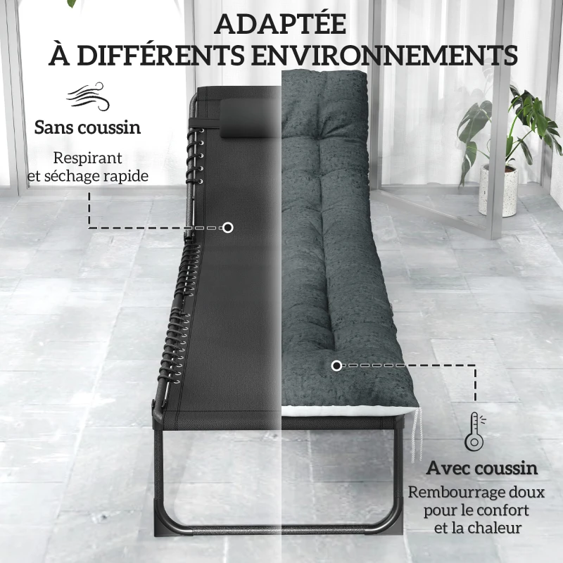 Outsunny Lot de 2 bains de soleil, chaise longue pliante et inclinable, coussin, appui-tête, poche latérale, 60x190x31cm, gris
