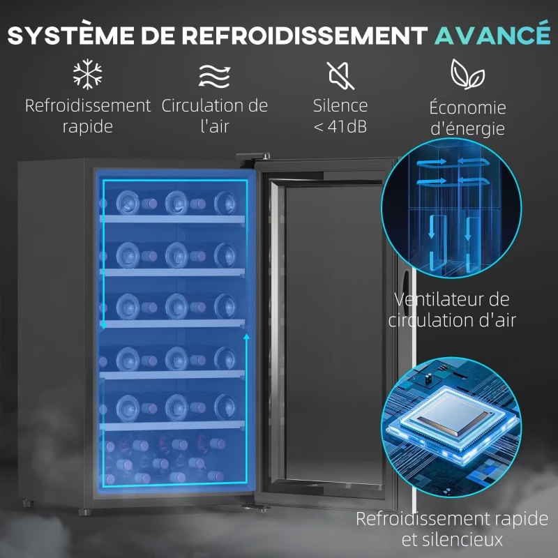 HOMCOM Cave à vin 41 bouteilles 91L réfrigérateur à vin silencieux avec porte en verre, éclairage LED, 45,1x53,8x79,8cm, noir