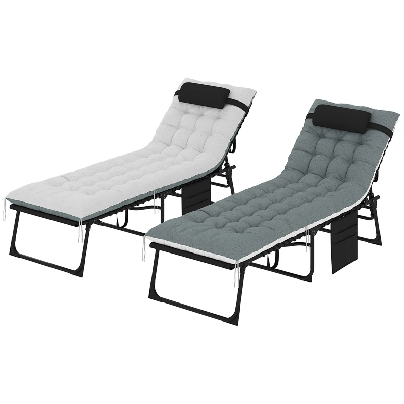 Outsunny Lot de 2 bains de soleil, chaise longue pliante et inclinable, coussin, appui-tête, poche latérale, 60x190x31cm, gris