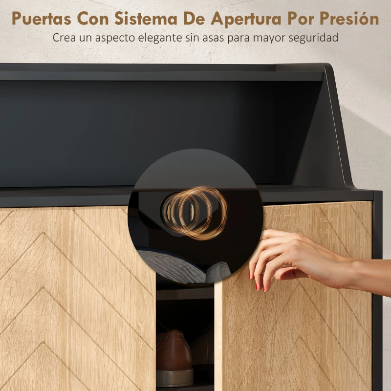 HOMCOM Zapatero Entrada Recibidor con 2 Puertas Estantes Ajustables y Compartimento Abierto 75x35x104 cm Negro y Natural