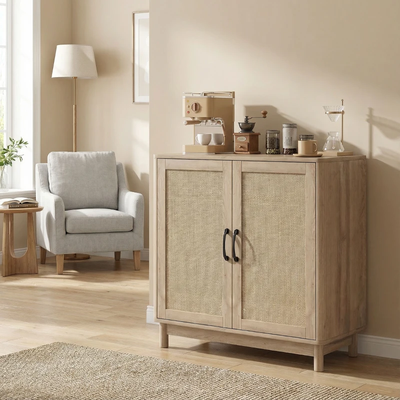 HOMCOM Buffet salon, meuble de rangement avec 2 portes en rotin, étagère réglable et bords arrondis, 76 x 35 x 75,5 cm, chêne