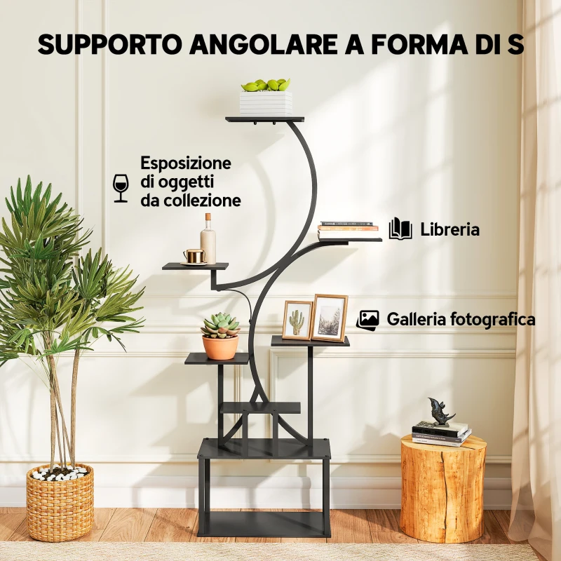 Outsunny Portapiante a 8 Livelli con Design a S per Interni ed Esterni, in Metallo, 74x26x158.5 cm, Nero