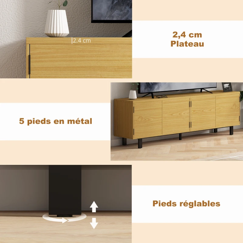 HOMCOM Meuble TV 180 cm, meuble télé pour 82 pouces avec 4 portes à ouverture par pression 180x35x55,5cm bois naturel