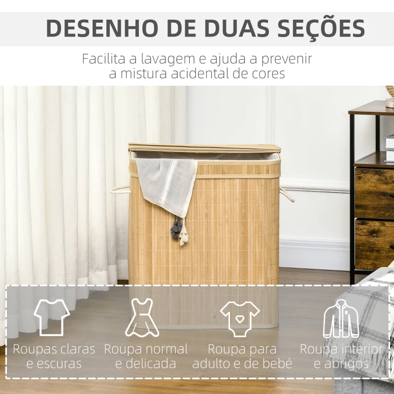 HOMCOM Cesto de Roupa Suja 90L em Bambu com 2 Compartimentos Alças e Bolsa Interna Removível 54,2x35,2x59,5 cm Madeira