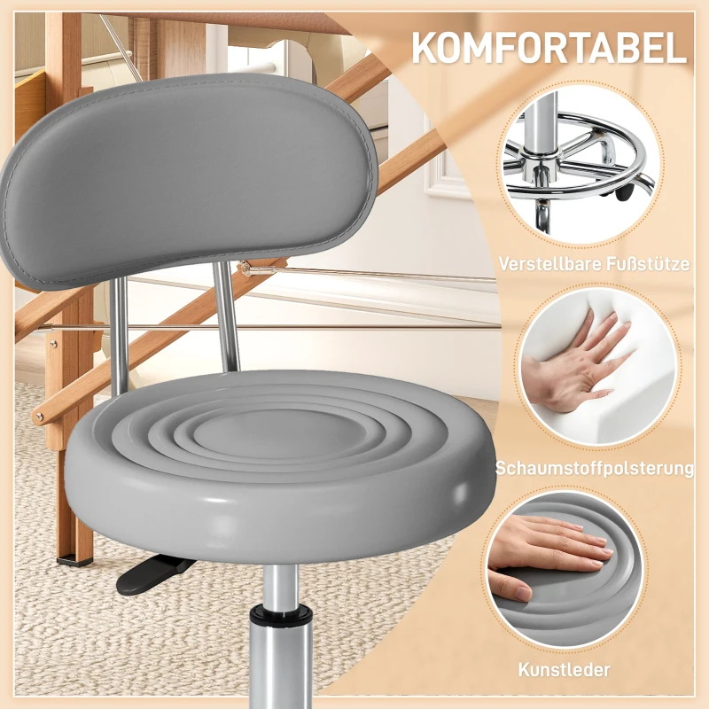 HOMCOM Rollhocker, Drehbarer und verstellbarer Hocker mit Rückenlehne, Kunstlederbezug, Fußstütze, für Frisiertische, Grau