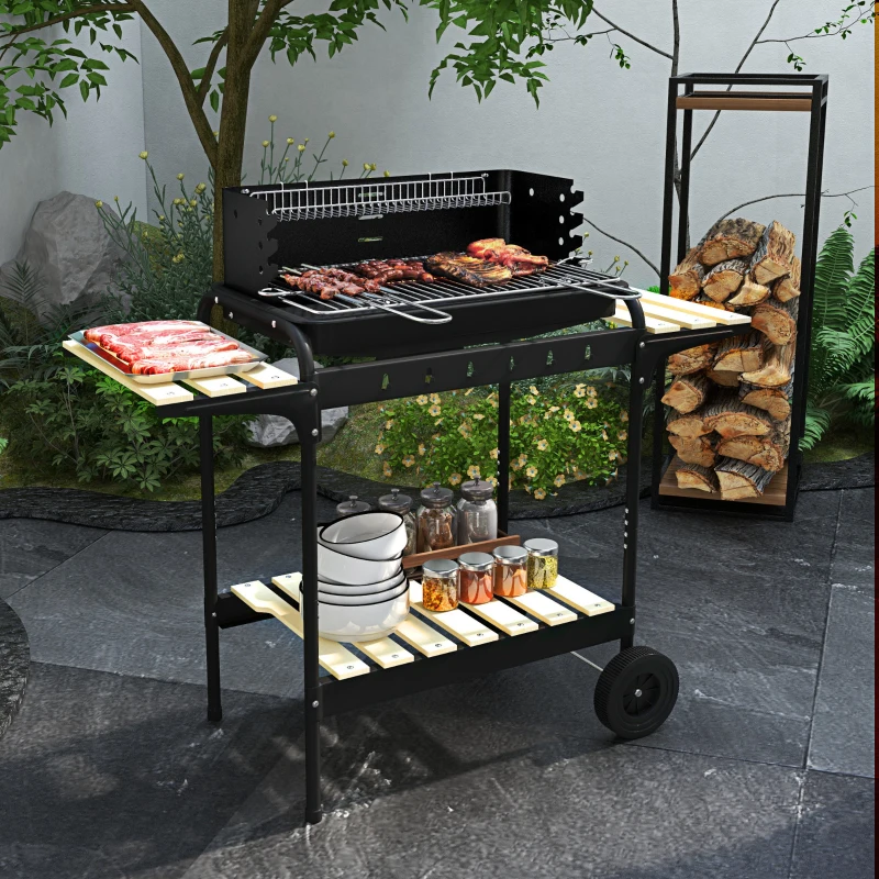 Outsunny Barbecue à charbon BBQ grill sur pied avec gril réglable 2 roues et 3 étagères récupérateur de cendres noir
