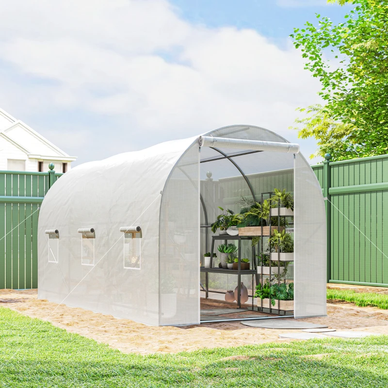 Outsunny Serre tunnel de jardin 7m², serre de jardin tunnel avec porte et 6 fenêtres, bâche PE 140 g/m² 350 x 200 x 200 cm blanc