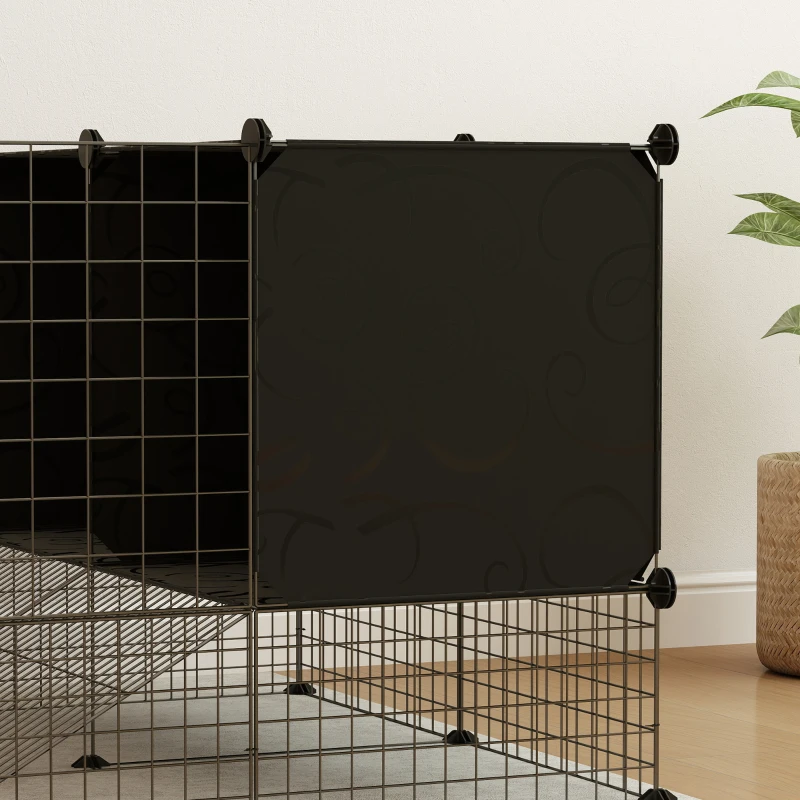 PawHut Enclos pour petits animaux, cage à lapin modulable 31 panneaux avec niches surélevées, en acier, 140x70x52cm, noir