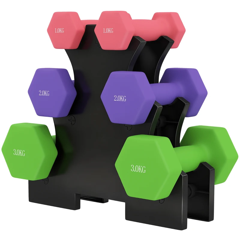 SPORTNOW Hex Dumbbells Set with Dumbbell Rack, Hand Weights for Strength Training Weight Lifting,  2 x 1kg, 2 x 2kg, 2 x 3kg