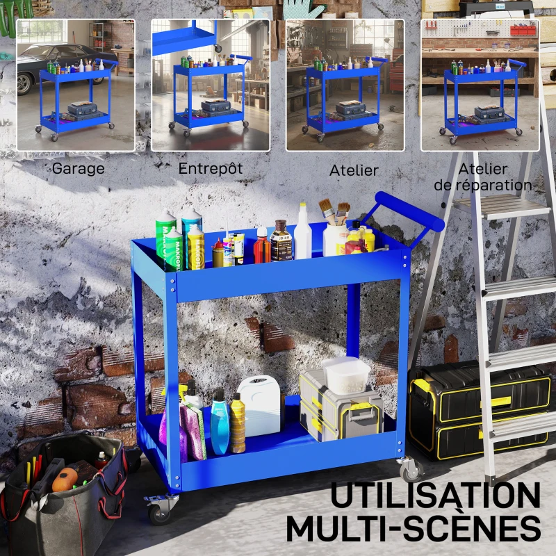 DURHAND Chariot d'atelier servante atelier à 2 niveaux, poignée latérale et roulettes verrouillables, 84,5x38x84cm, bleu
