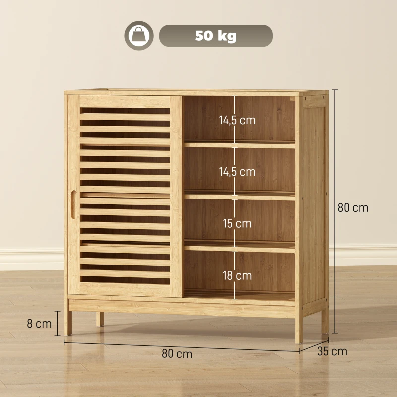 HOMCOM Zapatero con 2 Puertas Correderas de Lamas Estantes Ajustables para 16 Pares de Zapatos 80x35x80 cm Natural