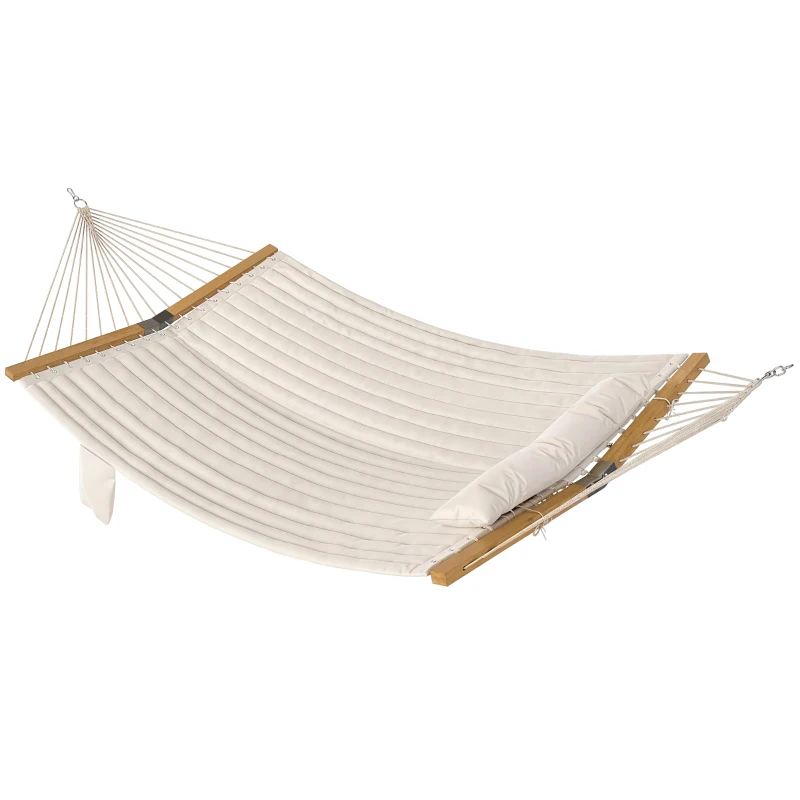 Outsunny Hängematte Outdoor 200x140cm, zweilagig Hängematte mit Kopfstütze Magazintasche Holzstäbe bis 200kg