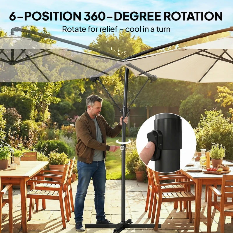 Outsunny 3 m Garden Cantilever Parasol with Cover, Round Overhanging Umbrella with 360° Rotation, Tilt, Cream White