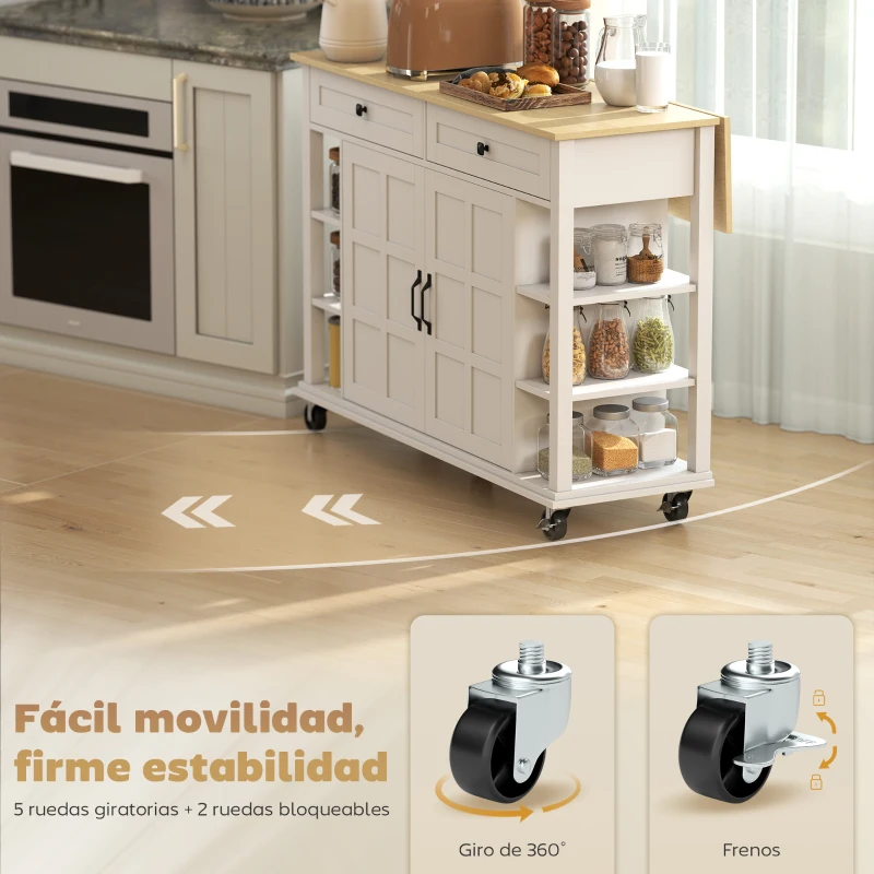 HOMCOM Isla de Cocina con Ruedas Encimera Plegable 2 Puertas con Cierre Suave 2 Cajones 6 Estantes Abiertos Blanco