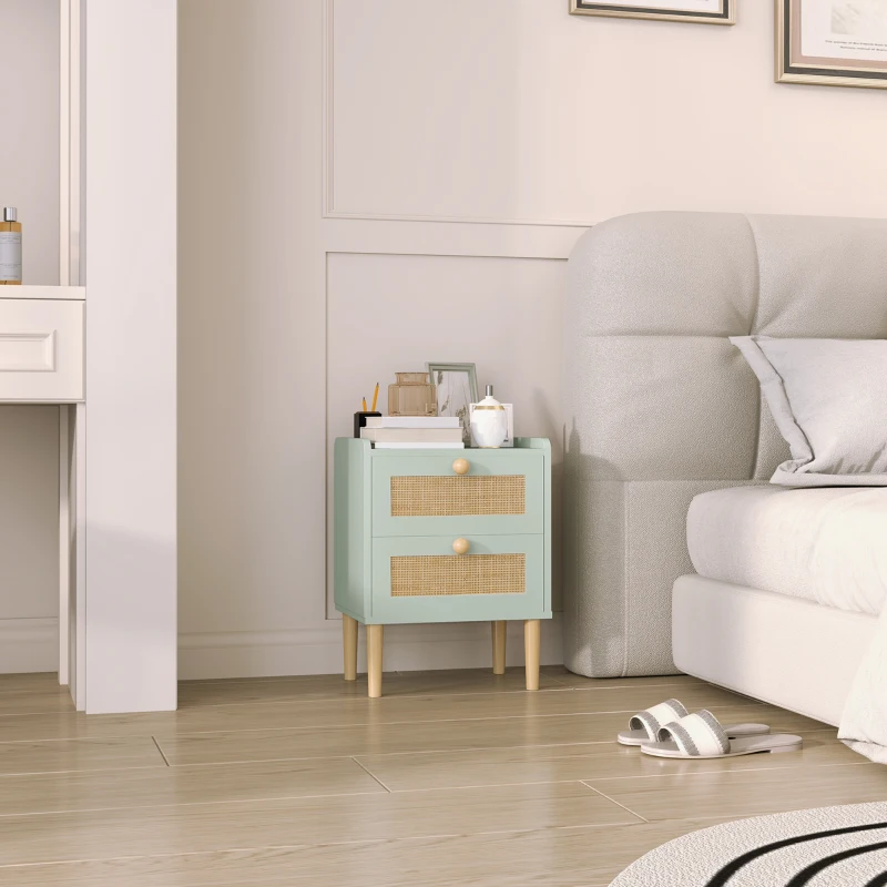 HOMCOM Table de chevet, table de nuit avec 2 tiroirs en effet rotin naturel et cadre en bois, 39,8 x 30 x 52,5 cm, vert olive