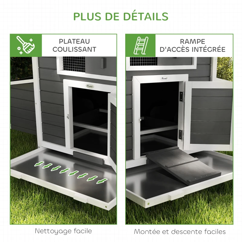 PawHut Poulailler en bois accueillant 4 poules, cage à poules avec pondoir, toit imperméable ouvrable, tiroir amovible, gris