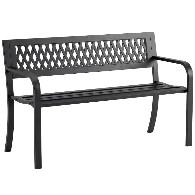Outsunny Banc de Grădină Exterior pentru 2 Persoane cu Șezut cu Sipci, Cotiere și Cadru din Oțel 119x50x75 cm Negru