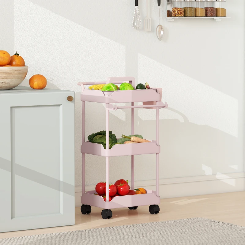 HOMCOM Carrito Auxiliar con Ruedas de 3 Niveles Carrito de Cocina con Cestas Extraíbles y Soporte para Toallas Rosa