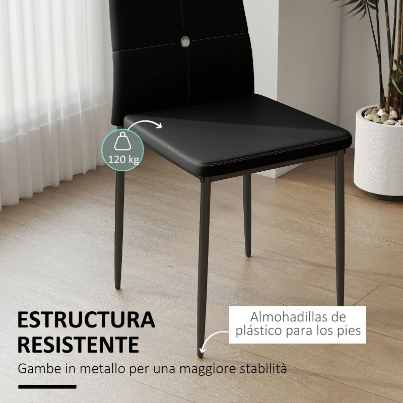 HOMCOM Juego de 6 Sillas de Comedor Tapizada en PU con Respaldo Alto con Botones y Patas de Acero Diseño Moderno Negro