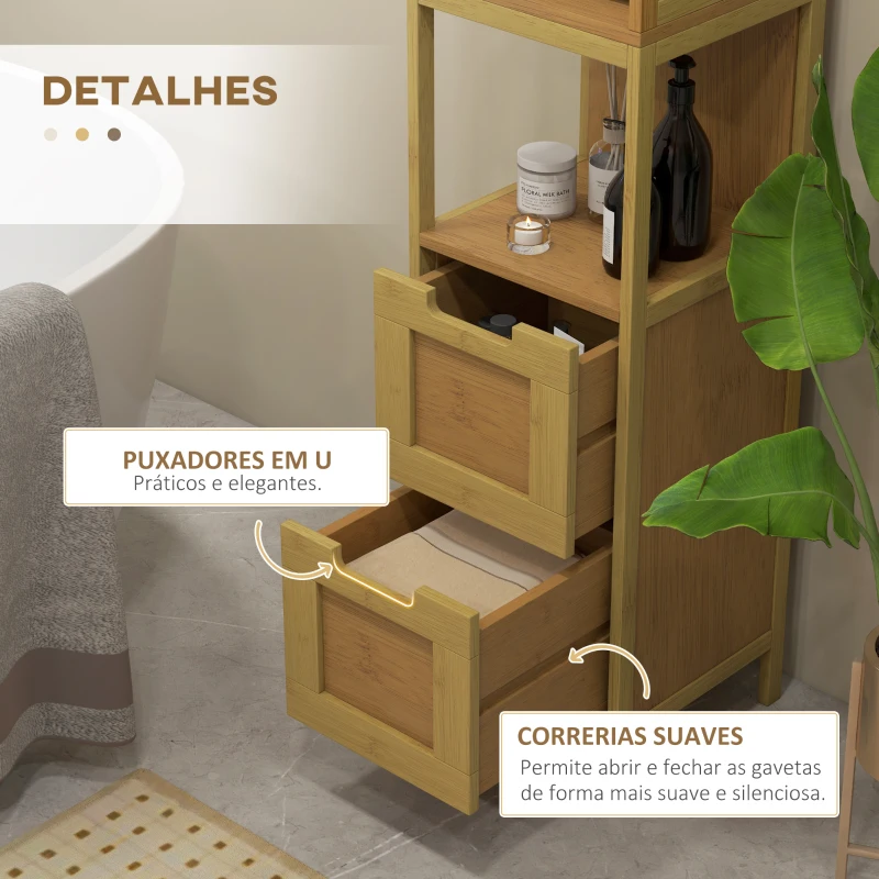 kleankin Coluna Casa de Banho com 3 Prateleiras e 2 Gavetas Armário Alto para Casa de banho Estilo Moderno 30x30x144,3 cm Madeira