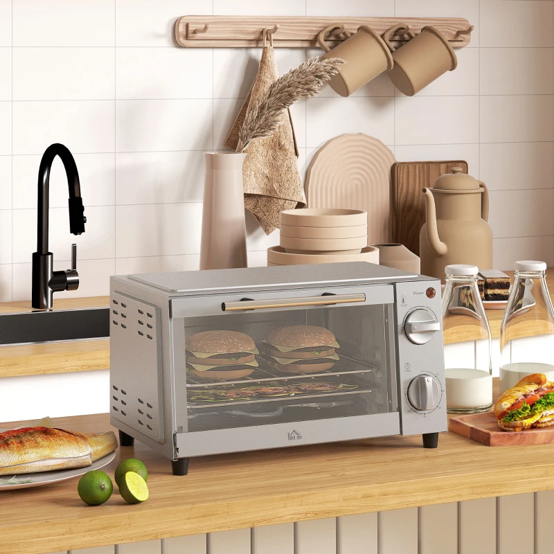 HOMCOM Mini-oven, 9 L met Bakplaat, Grillrooster, Instelbare Temperatuur en Kooktijd, Roestvrij Staal, Zilver(m-10)