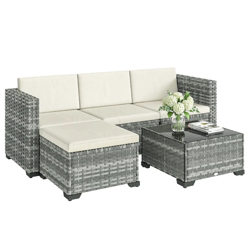 Outsunny Set mobilier grădină Polyrattan 5 piese, set lounge cu colțar, taburet, masă și perne pentru șezut și spate Gri+Cremeweiß