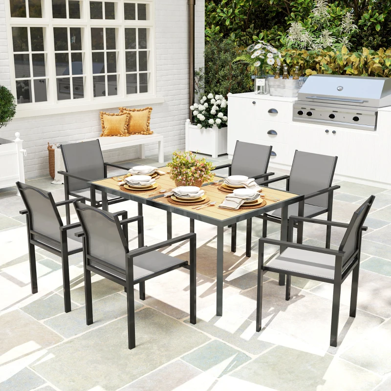 Outsunny Table à manger de jardin pour 6 personnes table de jardin avec plateau effet bois en acier 150 x 90 x 72 cm bois naturel