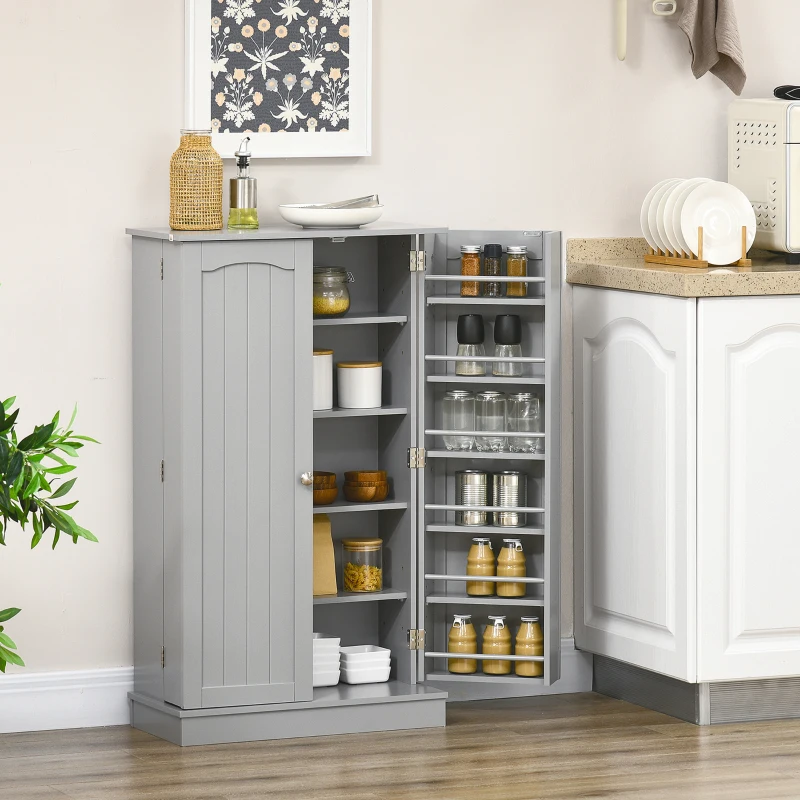 HOMCOM Armoire meuble de cuisine garde-manger 2 portes avec 5 étagères et 12 porte-épices - 60 x 30 x 104 cm - gris
