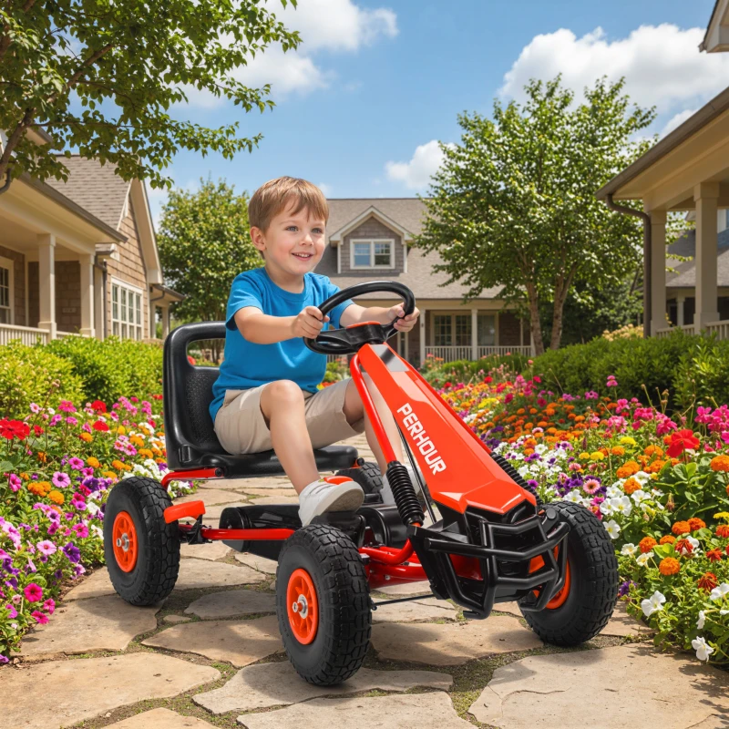 AIYAPLAY Trap-Gokart voor kinderen, in hoogte verstelbare zitting, EVA-wielen, rem, koppeling, 3-8 jaar, Rood(m-10)