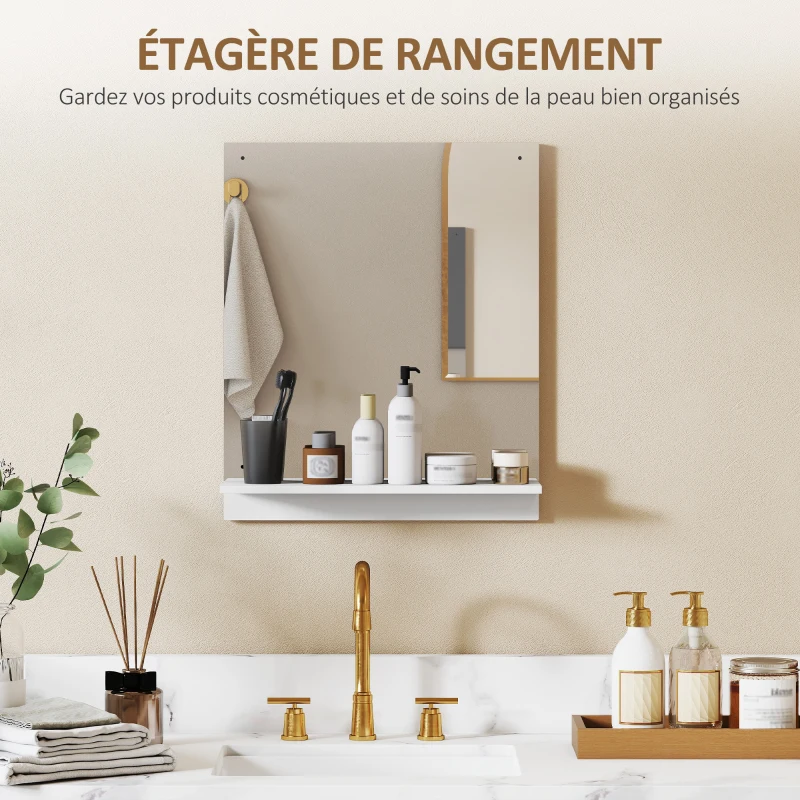 HOMCOM Miroir de salle de bain avec étagère, 50 x 60 cm, miroir mural moderne pour chambre, entrée, couloir, blanc