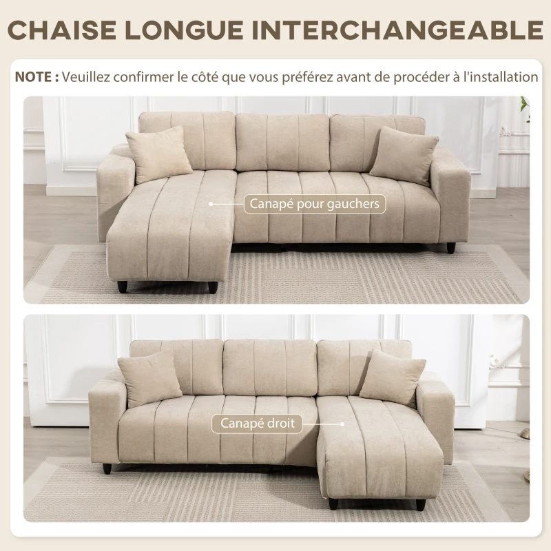 HOMCOM Canapé d'angle réversible, canapé 3 places avec méridienne, 2 oreillers, cadre en acier, 242x156x87cm, beige(m-4)