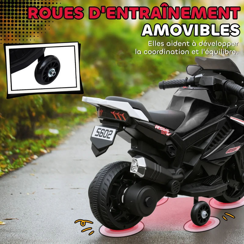 AIYAPLAY Moto électrique enfants, moto à batterie 6 V avec effets lumineux et sonores, roues d'entraînement, 75x36x49cm, noir