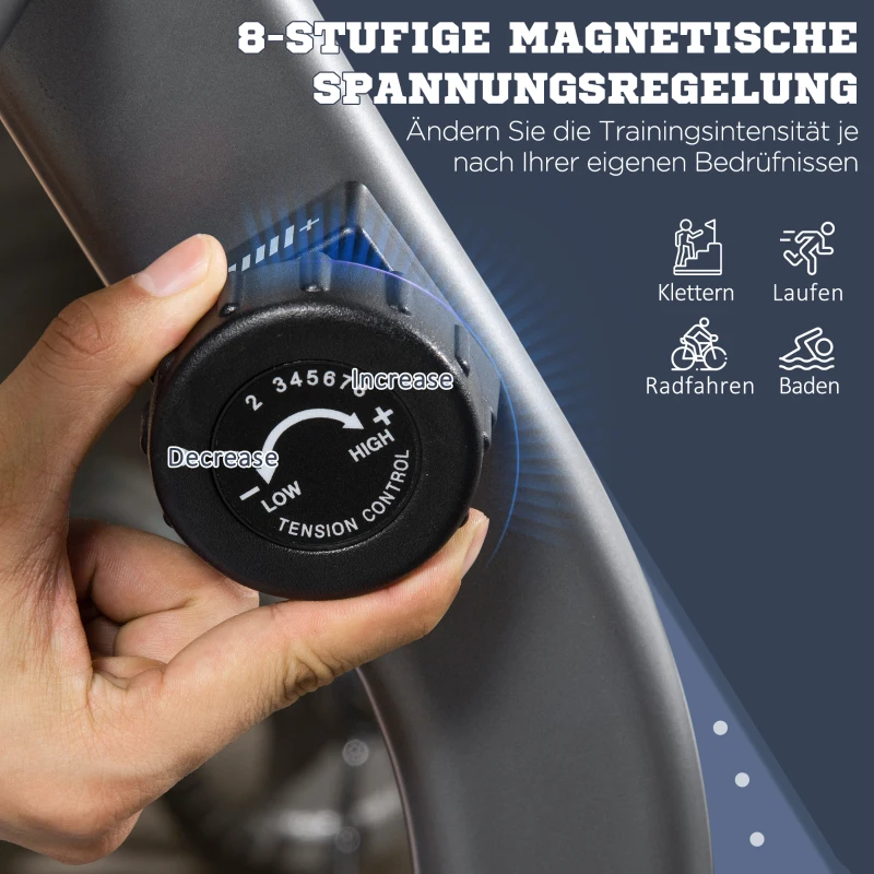 HOMCOM hometrainer fietstrainer vliegwiel hometrainer met 8 niveaus verstelbare magnetische weerstand verstelbare lengte magnetische weerstand wielen metaal ABS grijs + zilver 136 l x 62,5 b x 38 h cm(m-6)