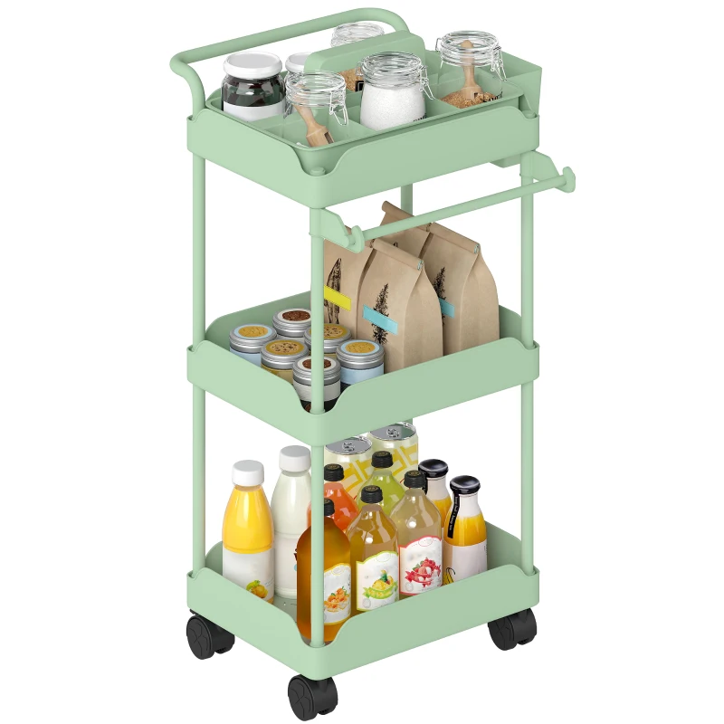 HOMCOM Carrito Auxiliar con Ruedas de 3 Niveles Carrito de Cocina con Cestas Extraíbles y Soporte para Toallas Verde