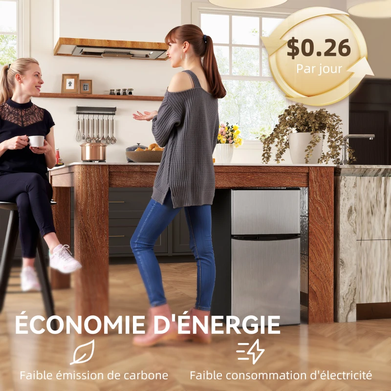 HOMCOM Réfrigérateur congélateur 88 L, petit réfrigérateur combiné avec portes réversibles et éclairage, 45,5x50x86,5cm, gris(m-7)