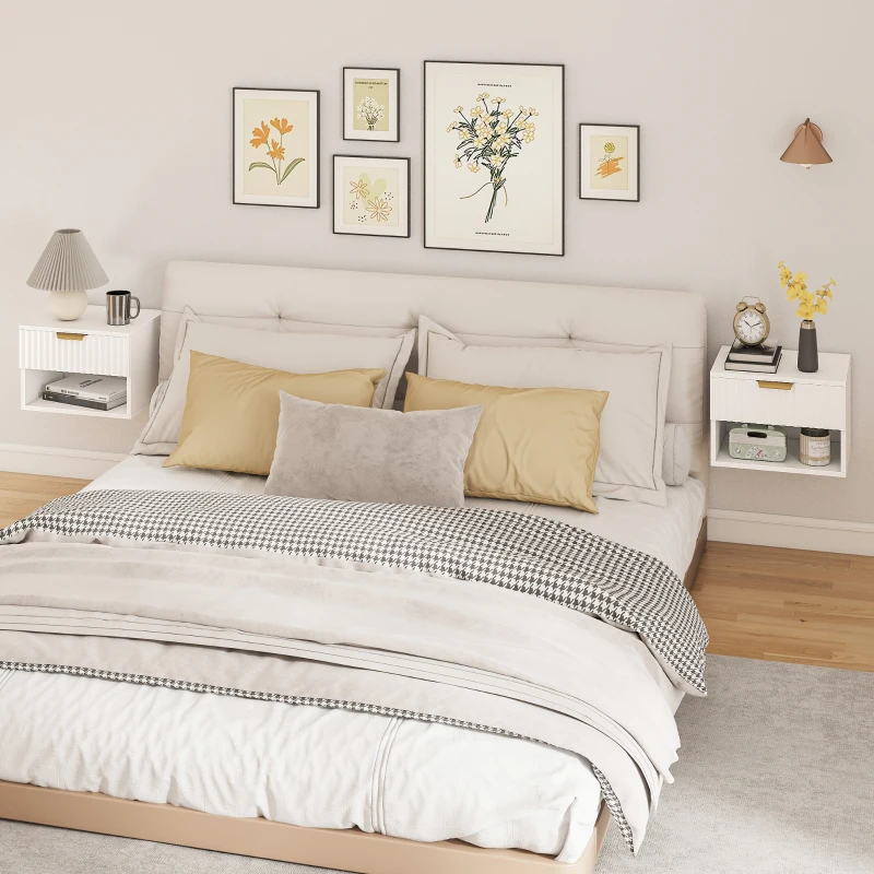 HOMCOM Lot de 2 tables de chevet suspendues, tables de nuit murales avec tiroir et niche, moderne, 40x34x29cm, blanc