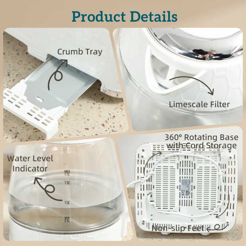 HOMCOM Kettle and Toaster Set, 1.7L 3000W Rapid Kettle with Strix Thermostat, 4 Slice Toaster with 7 Browning Controls, Cream