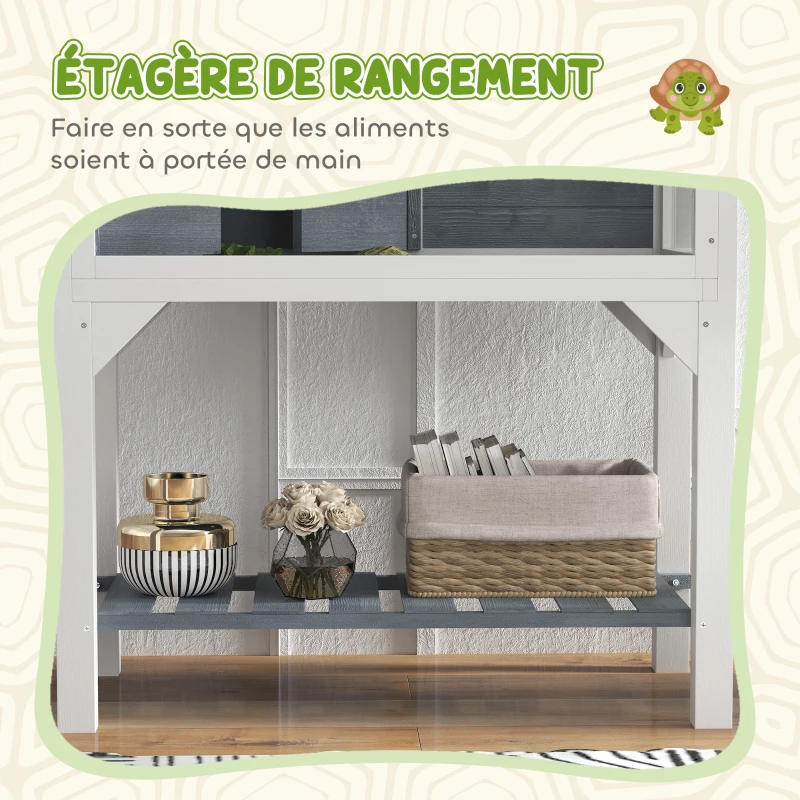 PawHut Maison pour tortues terrarium tortue terrestre sur pieds 2 zones toit ouvrant zone interactive 84,5 x 47,5 x 90 cm gris