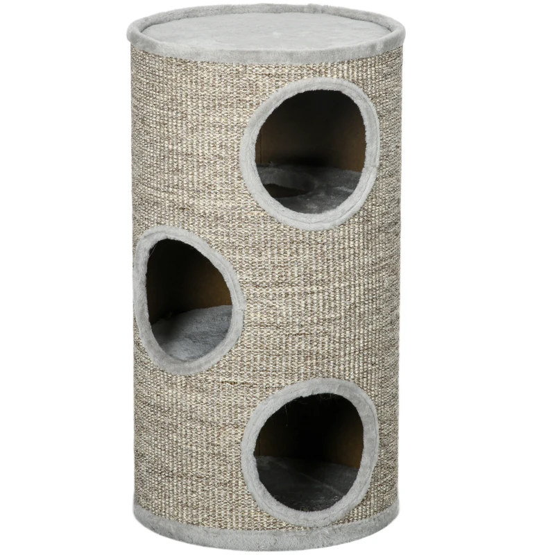 PawHut Tonneau à gratter pour chat, tour à griffer en sisal à 3 niveaux recouvert de peluche, Ø 38 x 70 cm, gris