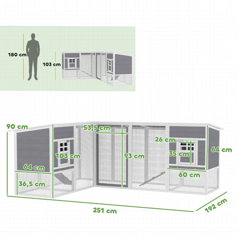 PawHut Kurnik narożny L-kształtny z drewna z 2 domkami, 2 poziomami, wybiegiem i rampą, 251 x 192 x 103 cm, szary