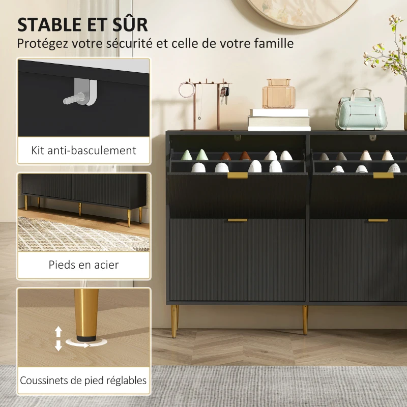 HOMCOM Meuble à chaussures 20 paires avec 4 tiroirs rabattables, portes cannelées et étagères réglables, 105x24x91,5cm, noir