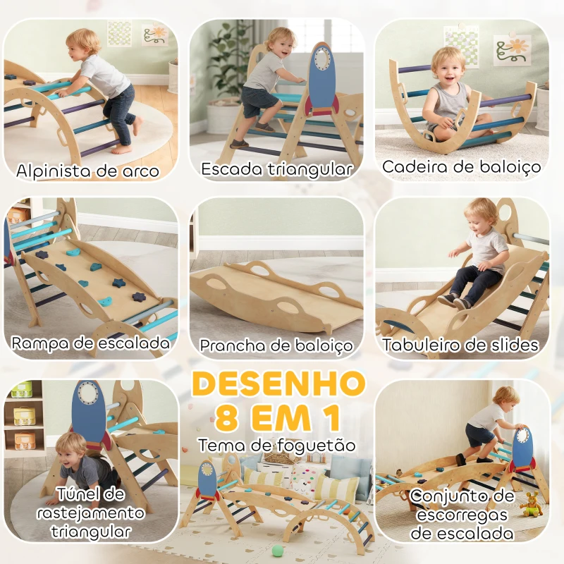 AIYAPLAY Triângulo de Escalada Montessori 7 em 1 Estrutura de Escalada de Madeira Tema de Foguete Azul