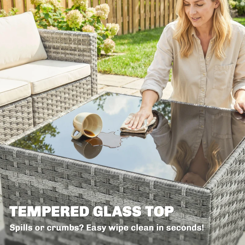 Outsunny Polyrattan Zestaw Mebli Ogrodowych 5-częściowy, Sofa Narożna z Podnóżkiem i Stolik Kawowy, Kremowy + Szary