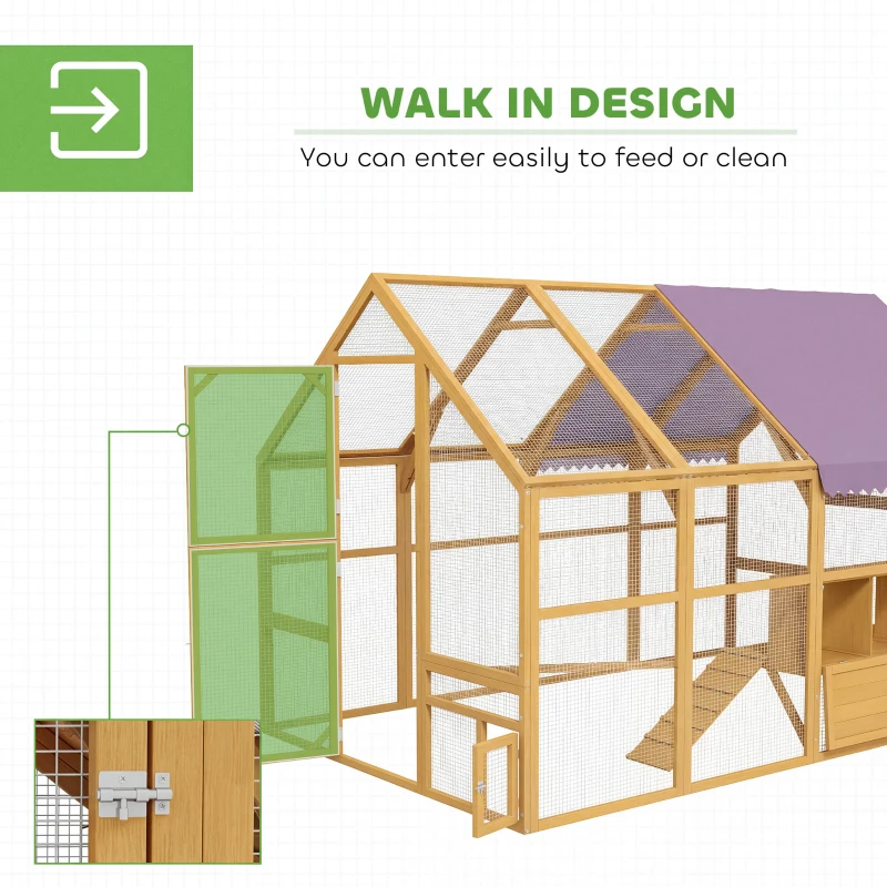 PawHut Kippenhok van hout met uitloop, veiligheidsslot, deur, 4 nestkasten, voor 8-12 kippen, ca. 2,8 x 1,8 x 1,9 m, Geel