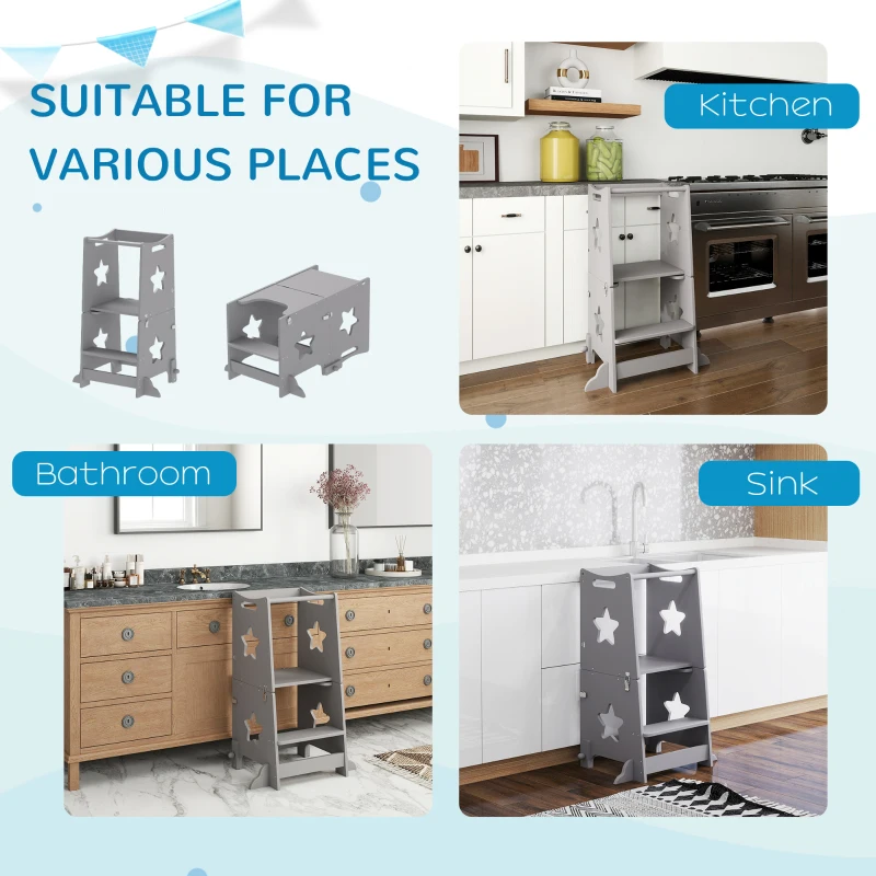 AIYAPLAY 2-in-1 Toddler Step Stool with Safety Rail for Kitchen, Bathroom, Grey