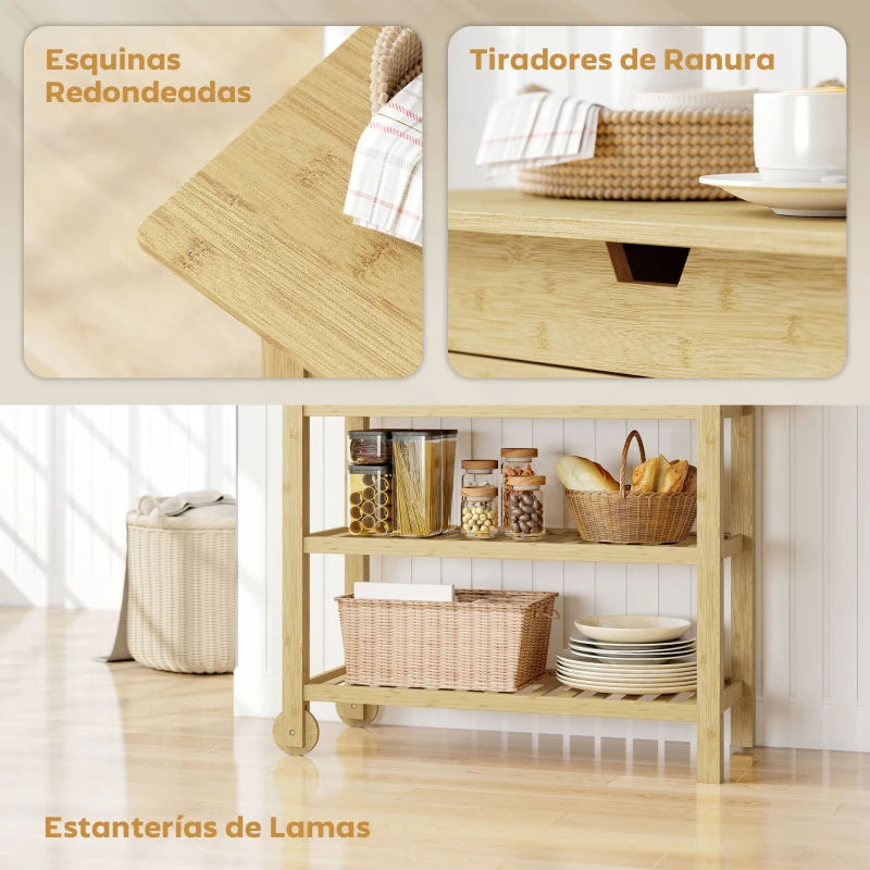 HOMCOM Carrito Auxiliar con Ruedas de Bambú Carro de Servicio con 2 Cajones 2 Estantes de Listones 100x43x75 cm Natural
