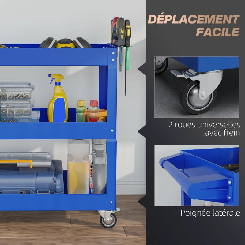 DURHAND Chariot desserte d'atelier acier 3 plateaux sur roulettes avec poignée charge max. 150 kg 83 x 35,3 x 76 cm acier bleu