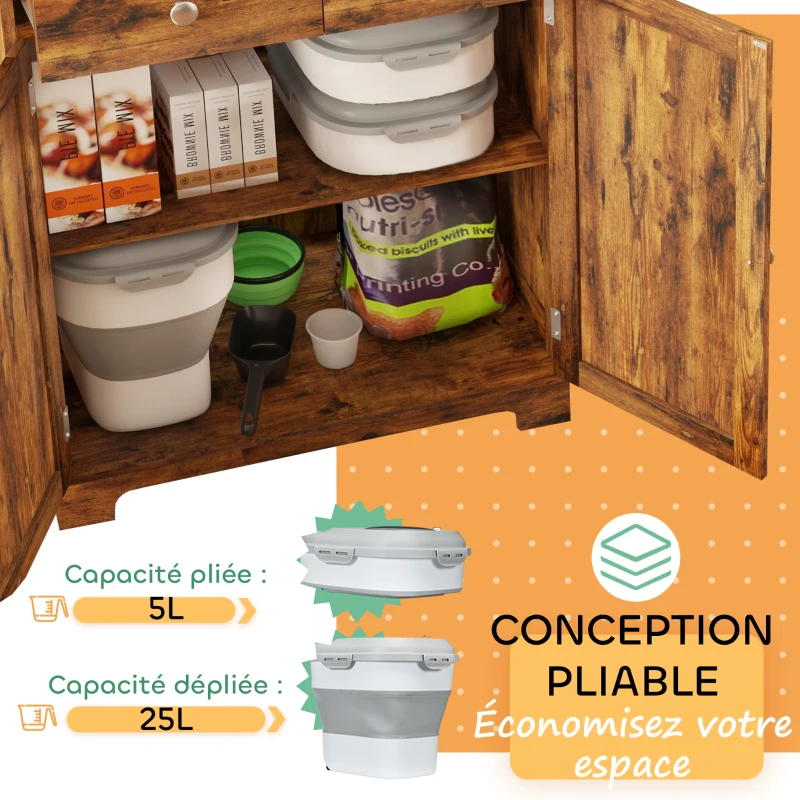 PawHut Conteneur à croquettes pour chien pliable 25L rangement hermétique couvercles hermétiques roulettes 44 x 32 x 37 cm gris