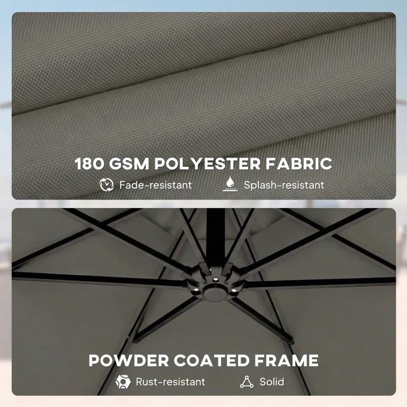 Outsunny 3 m Garden Cantilever Parasol with Cover, Round Overhanging Umbrella with 360° Rotation, Tilt, Grey